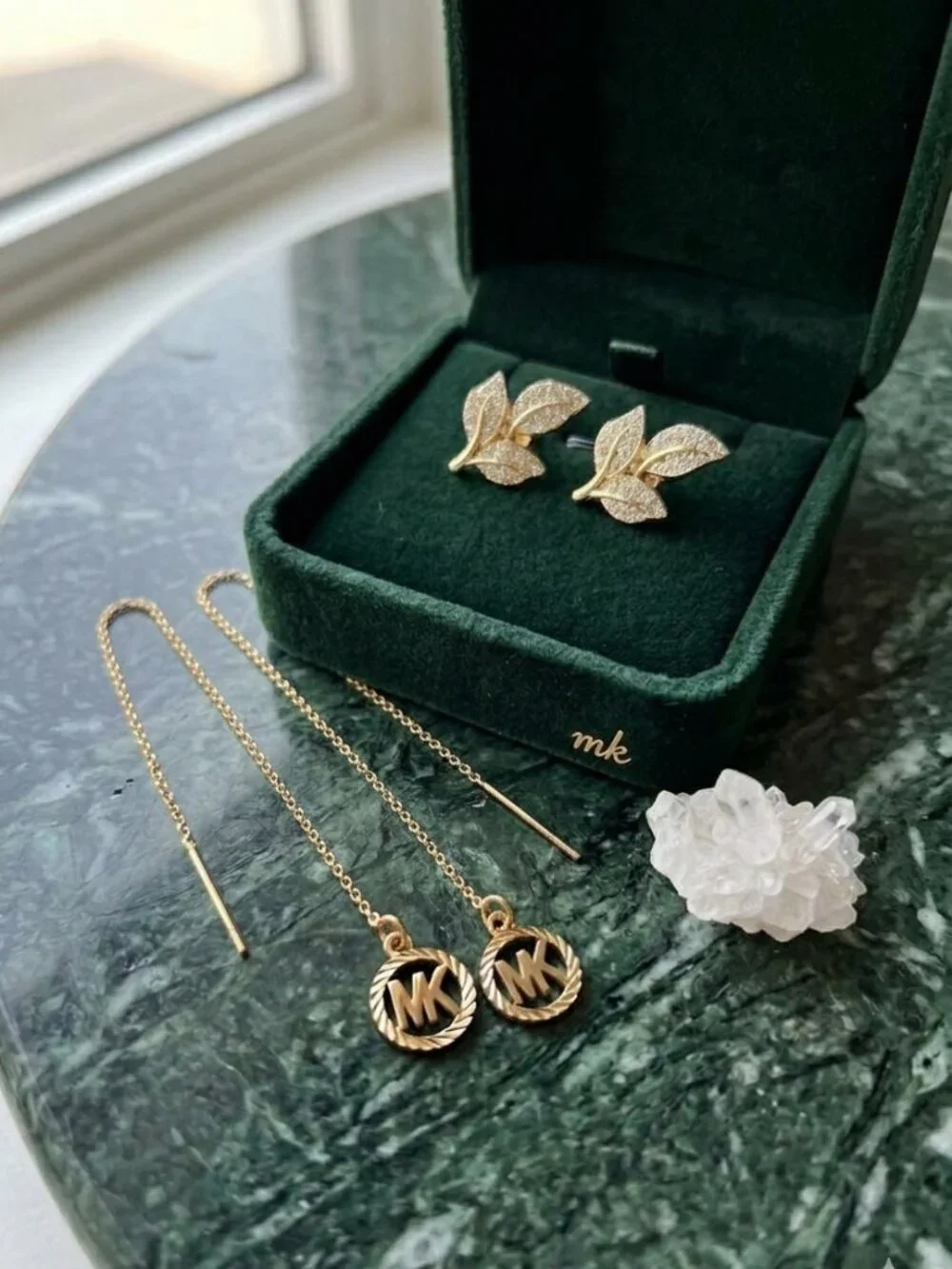 MK Logo Threader Earrings & Crystal Leaf Studs Set